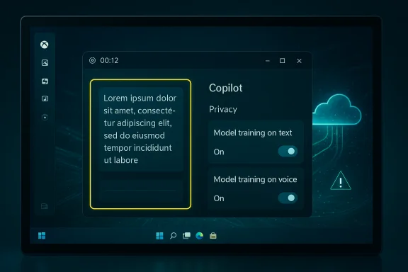 Dark futuristic dashboard with Copilot privacy settings, a highlighted text panel, and toggle switches. Dark futuristic dashboard with Copilot privacy settings, a highlighted text panel, and toggle switches.