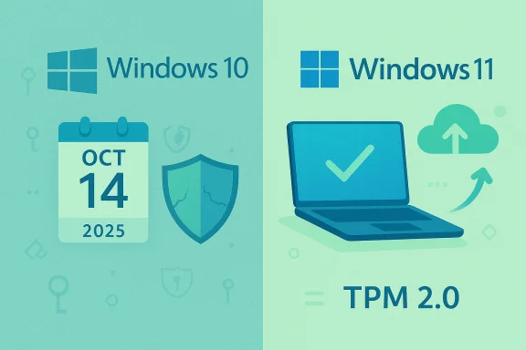 Windows 10 on the left and Windows 11 on the right, illustrating the TPM 2.0 requirement. Windows 10 on the left and Windows 11 on the right, illustrating the TPM 2.0 requirement.