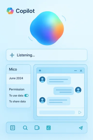 Copilot UI showing 'Listening...', a permissions panel, and a chat window. Copilot UI showing 'Listening...', a permissions panel, and a chat window.