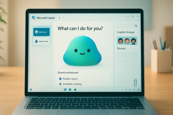 Laptop screen shows Microsoft Copilot UI with “What can I do for you?” and a friendly teal blob mascot. Laptop screen shows Microsoft Copilot UI with “What can I do for you?” and a friendly teal blob mascot.