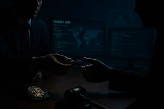 Two suited figures exchange a USB drive in a dark cybercrime room, with code and world map on screens. Two suited figures exchange a USB drive in a dark cybercrime room, with code and world map on screens.