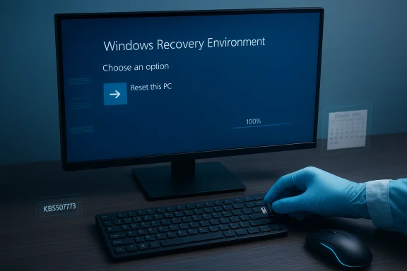A person wearing blue gloves uses a computer showing Windows Recovery Environment with a Reset this PC option. A person wearing blue gloves uses a computer showing Windows Recovery Environment with a Reset this PC option.