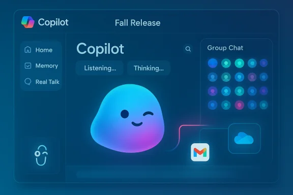 Copilot Fall Release UI mockup with a gradient blob mascot, left navigation, and group chat. Copilot Fall Release UI mockup with a gradient blob mascot, left navigation, and group chat.