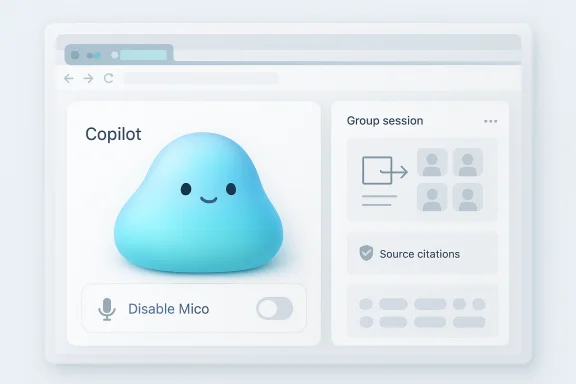 Web dashboard showing a blue Copilot blob, with mic toggle and a group session panel. Web dashboard showing a blue Copilot blob, with mic toggle and a group session panel.
