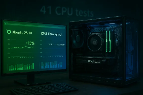 Desktop PC with Ubuntu 25.10 benchmark graphs on the monitor and a glass-case rig with RGB-lit internals. Desktop PC with Ubuntu 25.10 benchmark graphs on the monitor and a glass-case rig with RGB-lit internals.