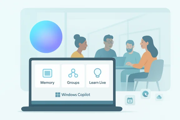 A laptop screen displays Windows Copilot options (Memory, Groups, Learn Live) while a team collaborates in a meeting. A laptop screen displays Windows Copilot options (Memory, Groups, Learn Live) while a team collaborates in a meeting.
