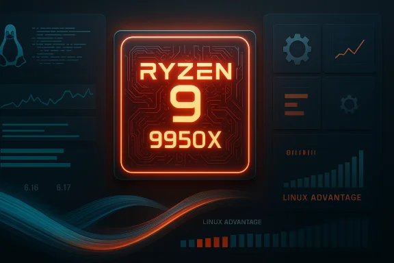 Centerpiece Ryzen 9 9950X processor glowing orange amid futuristic dashboards.