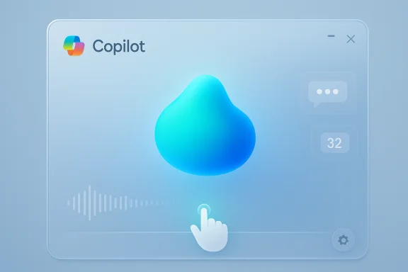 Copilot UI features a glowing blue droplet and a tapping finger. Copilot UI features a glowing blue droplet and a tapping finger.