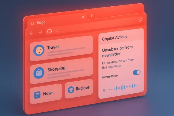 A red Edge browser mockup showing travel, shopping and news tiles with a Copilot Actions panel.