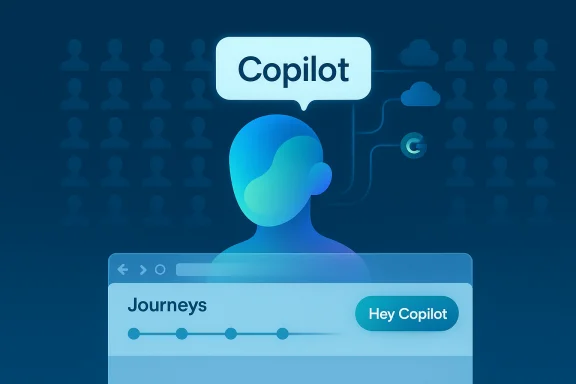 Abstract AI assistant concept: a blue figure with a Copilot chat bubble and a Journeys panel. Abstract AI assistant concept: a blue figure with a Copilot chat bubble and a Journeys panel.