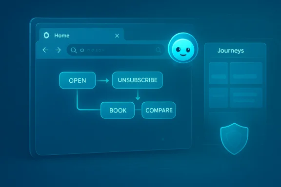 A futuristic UI flowchart shows OPEN, UNSUBSCRIBE, BOOK, and COMPARE beside a friendly blue mascot.