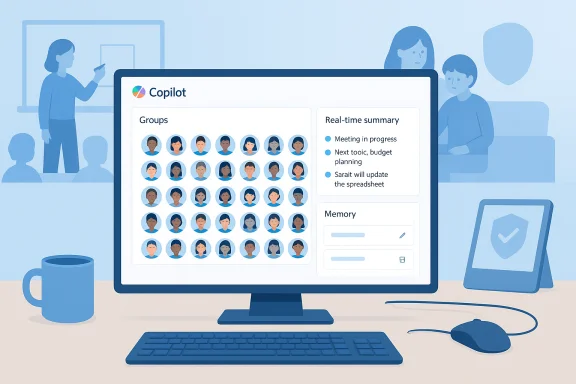 Blue-toned office scene with a monitor showing Copilot UI: avatar groups, real-time summary, and memory panel. Blue-toned office scene with a monitor showing Copilot UI: avatar groups, real-time summary, and memory panel.