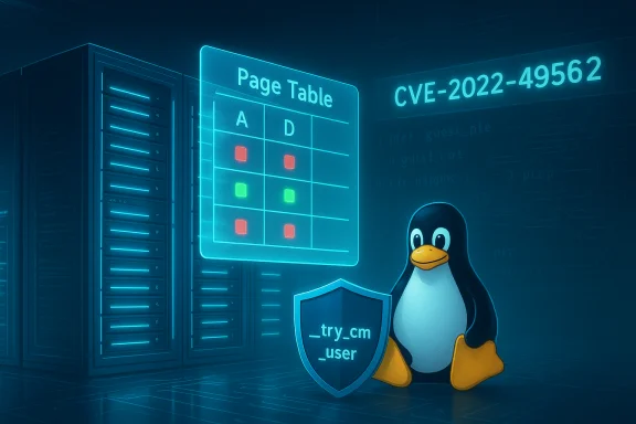 Tux the penguin guards a server as a holographic page table highlights CVE-2022-49562. Tux the penguin guards a server as a holographic page table highlights CVE-2022-49562.