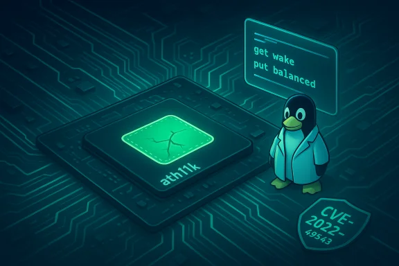 Penguin scientist beside a glowing ath11k chip, highlighting CVE-2023-49543. Penguin scientist beside a glowing ath11k chip, highlighting CVE-2023-49543.