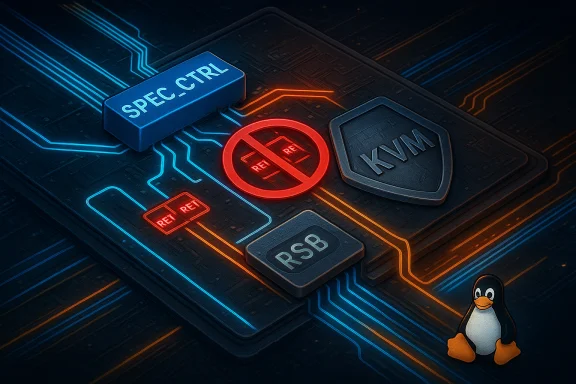 A futuristic circuit board showing blue SPEC_CTRL, a KVM shield, RSB chip, and a Linux penguin. A futuristic circuit board showing blue SPEC_CTRL, a KVM shield, RSB chip, and a Linux penguin.