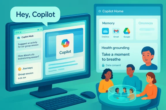 A team collaborates around a table while large screens display Copilot UI and prompts. A team collaborates around a table while large screens display Copilot UI and prompts.