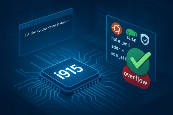 Blue 3D circuit art showing a chip labeled 1915, a git cherry-pick prompt, and Linux logos with an overflow checkmark.