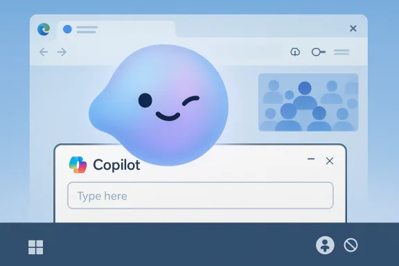 A cute gradient blob avatar winks on the Copilot chat window inside a modern UI. A cute gradient blob avatar winks on the Copilot chat window inside a modern UI.