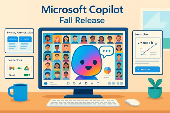 Microsoft Copilot Fall Release: a colorful AI avatar hosts a large video-call on screen. Microsoft Copilot Fall Release: a colorful AI avatar hosts a large video-call on screen.