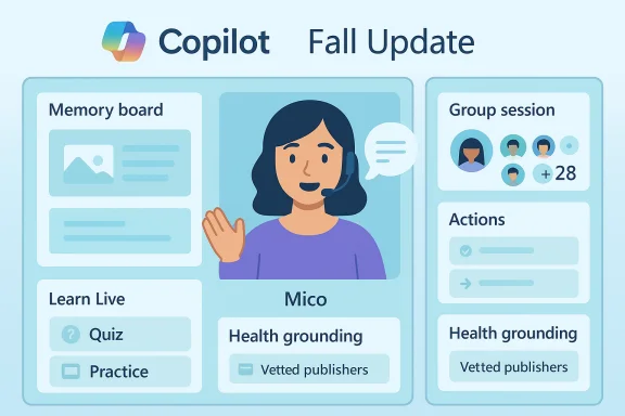 Copilot Fall Update: illustrated dashboard with memory board, group sessions, and learning tools. Copilot Fall Update: illustrated dashboard with memory board, group sessions, and learning tools.