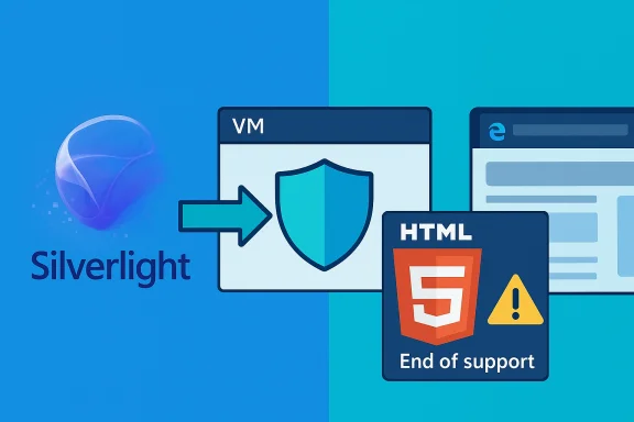 Illustration of Silverlight ending, with an HTML5 end-of-support warning.