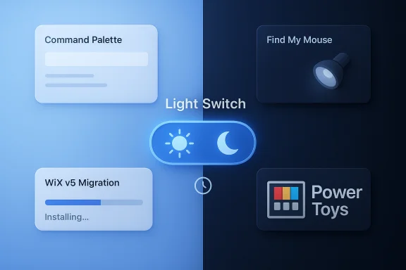 Split-screen interface with a central Light Switch toggle (sun/moon) and surrounding app cards. Split-screen interface with a central Light Switch toggle (sun/moon) and surrounding app cards.