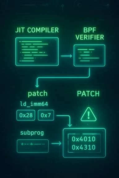 Neon schematic showing a JIT compiler and BPF verifier patching a 64-bit load with addresses 0x4010 and 0x4310. Neon schematic showing a JIT compiler and BPF verifier patching a 64-bit load with addresses 0x4010 and 0x4310.