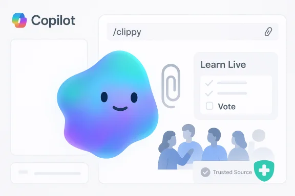 Smiling gradient blob mascot floats over a soft Copilot UI with Learn Live and a Trusted Source badge. Smiling gradient blob mascot floats over a soft Copilot UI with Learn Live and a Trusted Source badge.
