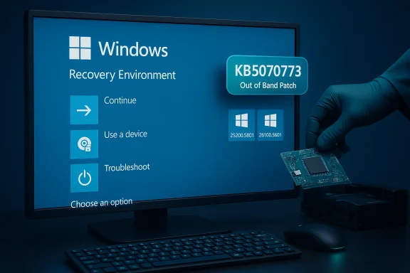 Windows Recovery Environment screen with options; gloved hand inserts a circuit board into a drive. Windows Recovery Environment screen with options; gloved hand inserts a circuit board into a drive.