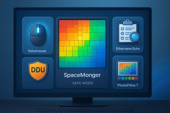 A blue computer monitor displays SpaceMonger Safe Mode with a rainbow tile grid and app icons. A blue computer monitor displays SpaceMonger Safe Mode with a rainbow tile grid and app icons.