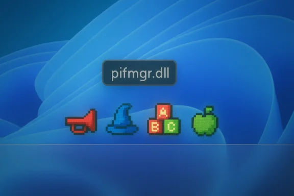 Windows desktop with a pifmgr.dll icon and pixel-art icons: megaphone, hat, blocks, and apple. Windows desktop with a pifmgr.dll icon and pixel-art icons: megaphone, hat, blocks, and apple.