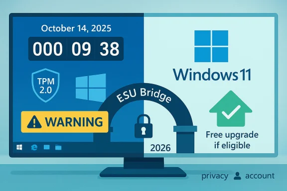 Illustration of a computer display showing Windows 11 upgrade with TPM 2.0, a warning badge, and eligibility note. Illustration of a computer display showing Windows 11 upgrade with TPM 2.0, a warning badge, and eligibility note.