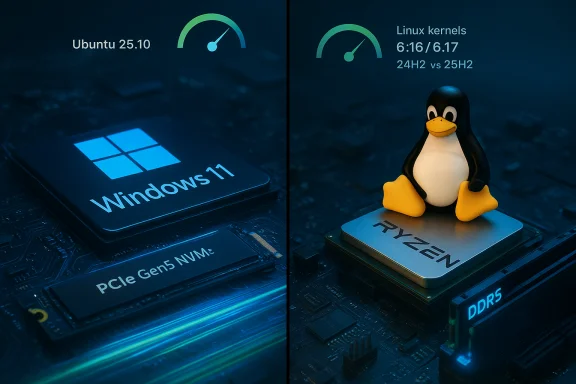 Split image contrasting Windows 11 on PCIe Gen5 NVMe (Ubuntu 25.10) with Linux on Ryzen DDR5 (kernels 6.x). Split image contrasting Windows 11 on PCIe Gen5 NVMe (Ubuntu 25.10) with Linux on Ryzen DDR5 (kernels 6.x).