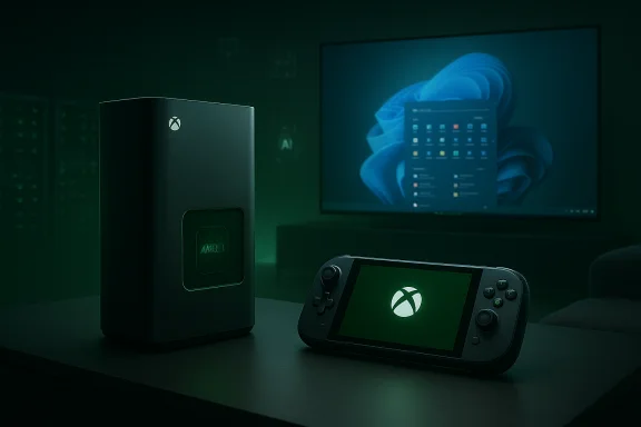 A sleek Xbox console beside a handheld Xbox device sits on a desk, with a Windows 11 screen glowing in the background. A sleek Xbox console beside a handheld Xbox device sits on a desk, with a Windows 11 screen glowing in the background.