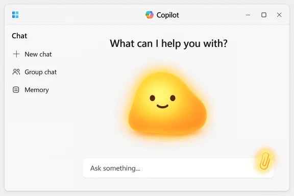 Copilot chat window featuring a friendly yellow blob mascot and an 'Ask something' prompt. Copilot chat window featuring a friendly yellow blob mascot and an 'Ask something' prompt.