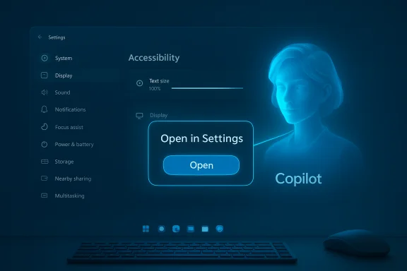 Futuristic blue UI showing Accessibility settings with a holographic Copilot assistant. Futuristic blue UI showing Accessibility settings with a holographic Copilot assistant.