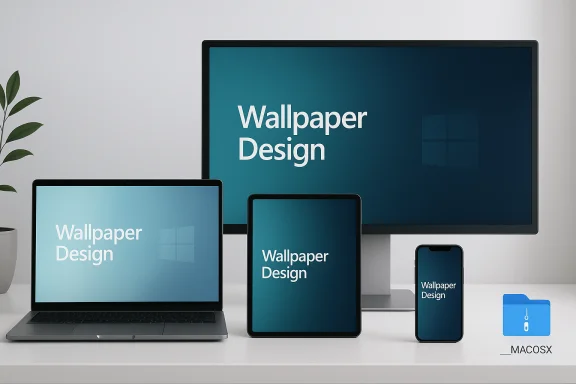 Desktop monitor, laptop, tablet and smartphone display a blue wallpaper reading Wallpaper Design. Desktop monitor, laptop, tablet and smartphone display a blue wallpaper reading Wallpaper Design.