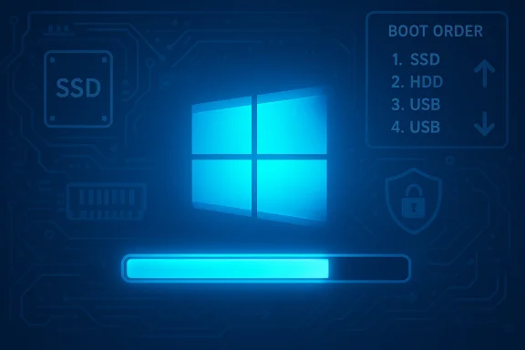 Glowing Windows logo on a blue circuit-board background with a loading progress bar. Glowing Windows logo on a blue circuit-board background with a loading progress bar.