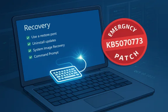 Blue laptop screen shows a Recovery checklist beside a red Emergency Patch badge labeled KB507073.