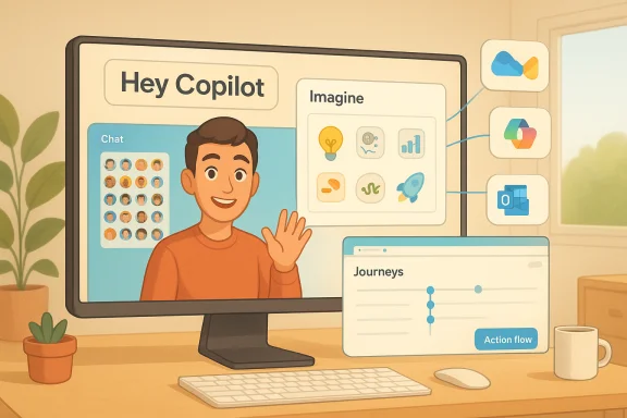 A cheerful instructor on a monitor introduces Copilot with chat, imagine tools, and journeys. A cheerful instructor on a monitor introduces Copilot with chat, imagine tools, and journeys.