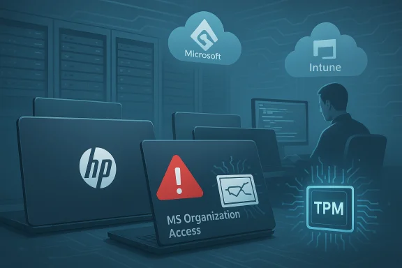 A server room with laptops displaying Microsoft Intune and TPM icons. A server room with laptops displaying Microsoft Intune and TPM icons.