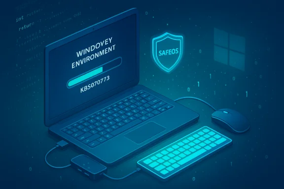 Cyber-themed workstation with a laptop loading Windows Environment and a glowing SAFEOS shield. Cyber-themed workstation with a laptop loading Windows Environment and a glowing SAFEOS shield.