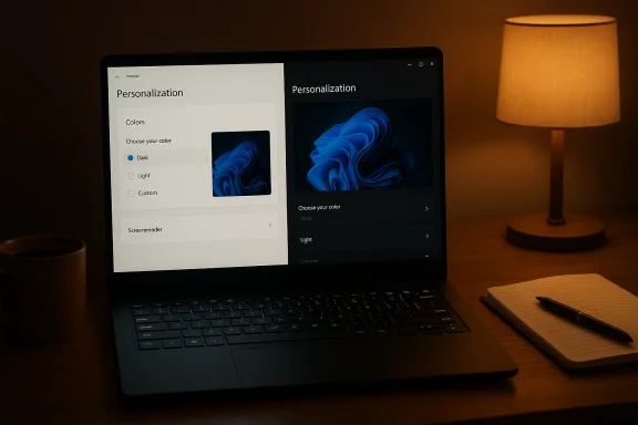 A laptop on a desk displays Windows Personalization settings, lit by a warm table lamp. A laptop on a desk displays Windows Personalization settings, lit by a warm table lamp.