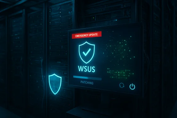 A data center with a WSUS patching screen displaying an emergency update and shield icon. A data center with a WSUS patching screen displaying an emergency update and shield icon.