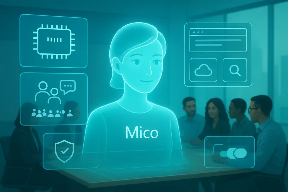 A holographic avatar named Mico floats above a conference table, surrounded by floating UI icons.