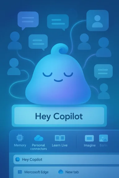 A friendly blue blob Copilot with closed eyes amid chat bubbles on a digital interface. A friendly blue blob Copilot with closed eyes amid chat bubbles on a digital interface.