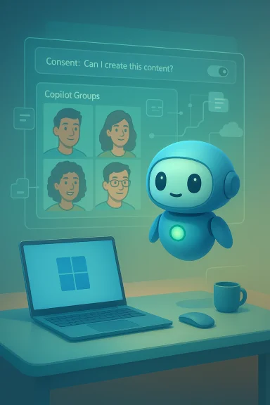 A friendly blue robot floats near a laptop, displaying a consent prompt and a grid of copilot avatars. A friendly blue robot floats near a laptop, displaying a consent prompt and a grid of copilot avatars.