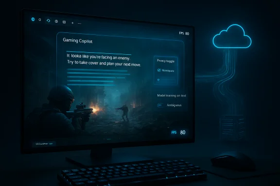 A blue-lit gaming setup displays 'Gaming Copilot' UI over a war-game scene. A blue-lit gaming setup displays 'Gaming Copilot' UI over a war-game scene.