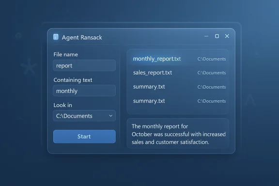Blue UI dialog for Agent Ransack showing file search criteria and results. Blue UI dialog for Agent Ransack showing file search criteria and results.