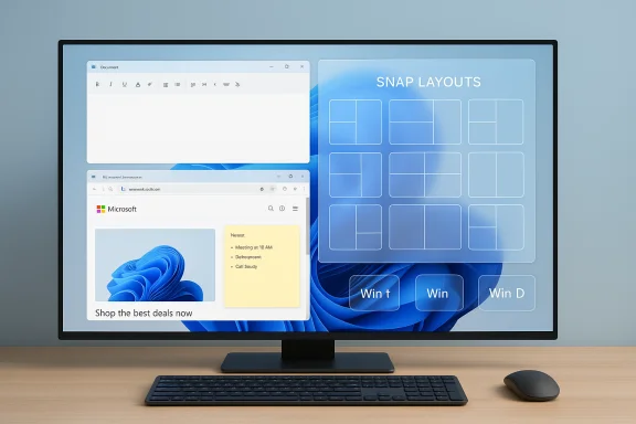 A desktop monitor on a wooden desk displays multiple app windows and a Snap Layouts grid.